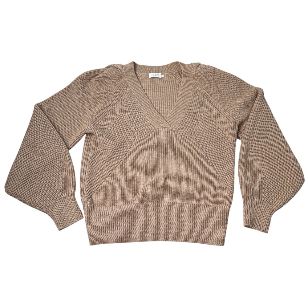 THE RESET R Label 100% Wool V-Neck Ribbed Knit Balloon Sleeve Sweater Tan XS